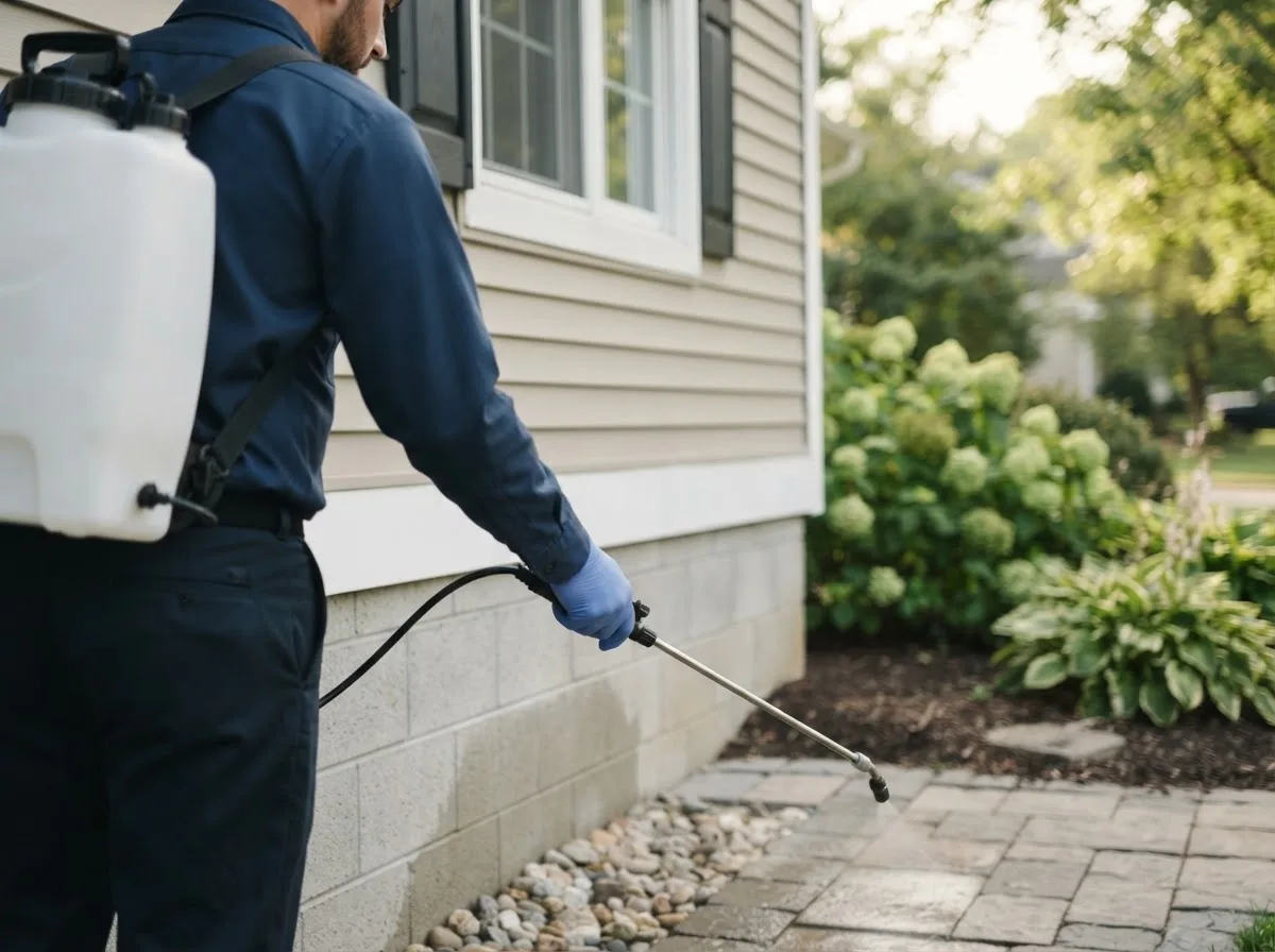 Pest control technician inspecting a home in Dunstable, MA